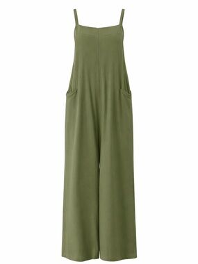Olive Green Wide-Leg 100% Cotton Overalls Pockets & Adjustable Straps - Medium